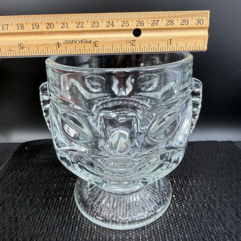 Indiana Glass Two faced Tiki‎ Drinking Glass Clear Embossed Face Single Mug Cup